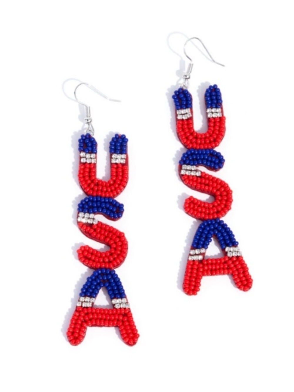 E-30 Patriotic USA Beaded Dangle Earrings - Red & Blue